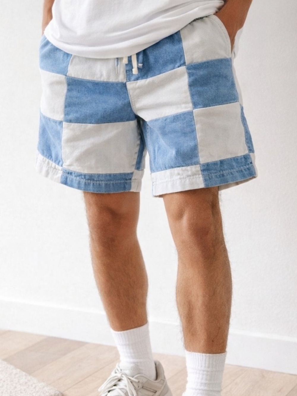 PacSun Men’s Blue & White Checkered Denim Retro Drawstring Volley Shorts Medium